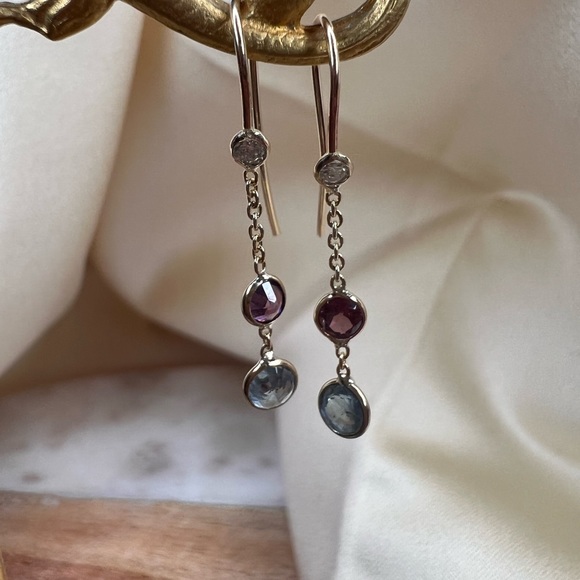 Blue and purple Sapphire and Diamond  Dangle Earrings in 14KYellow Gold 1.0" - Picture 3 of 10